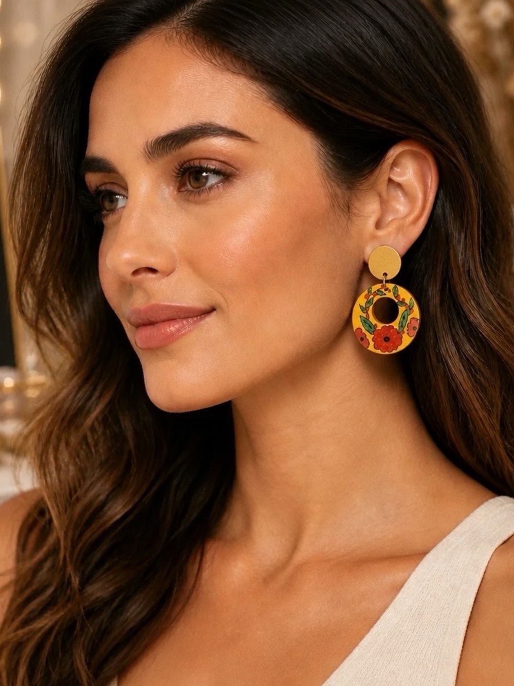 Yellow Floral Round Drop Earrings with Painted Detail